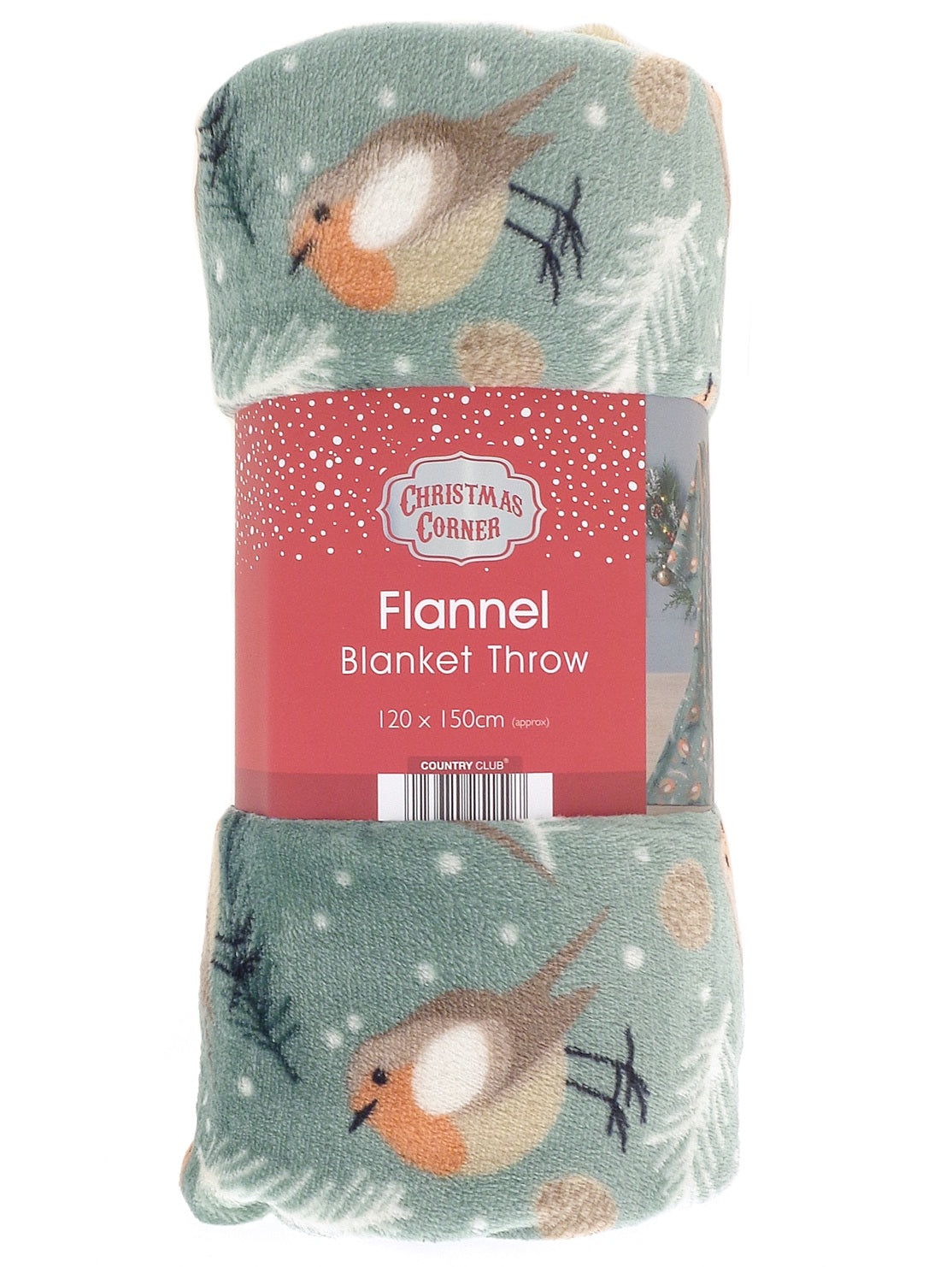 Festive Robin Flannel Blanket Throw, 120x150cm, Green