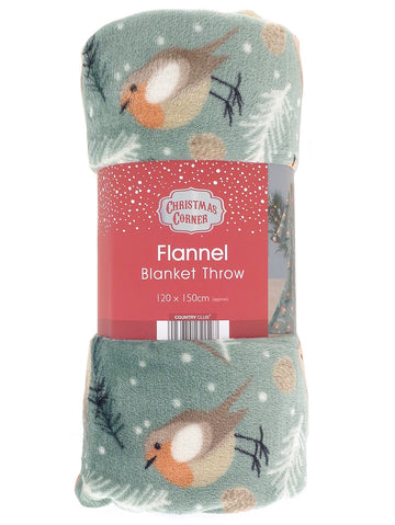 Festive Robin Flannel Blanket Throw, 120x150cm, Green