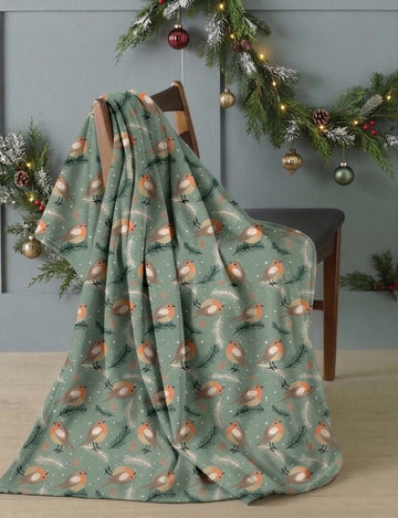 Festive Robin Flannel Blanket Throw, 120x150cm, Green