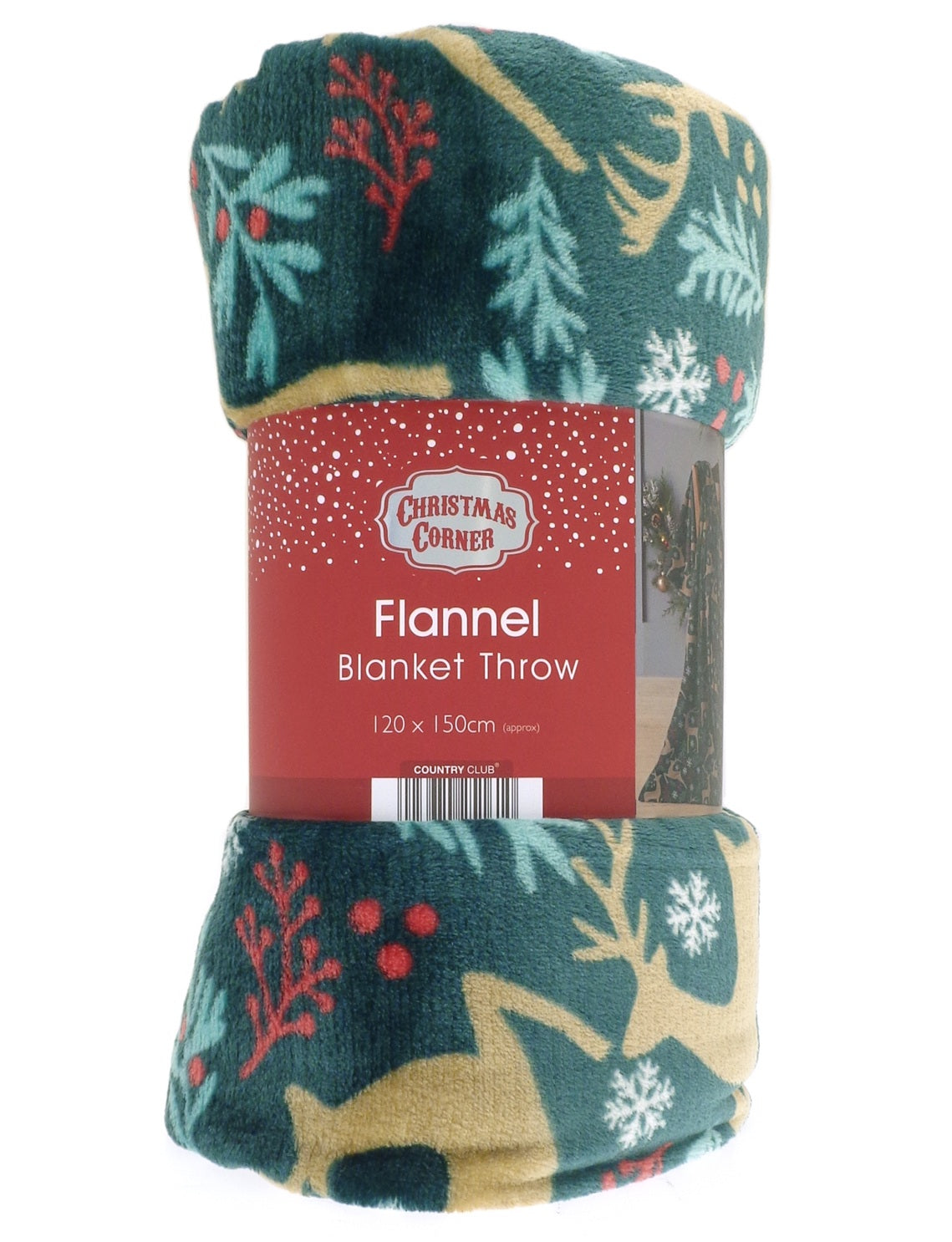 Festive Reindeer Flannel Blanket Throw, 120x150cm, Green