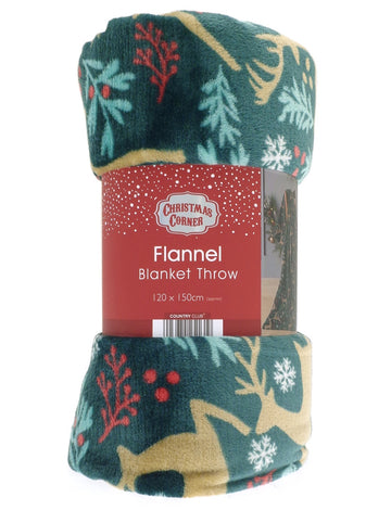 Festive Reindeer Flannel Blanket Throw, 120x150cm, Green