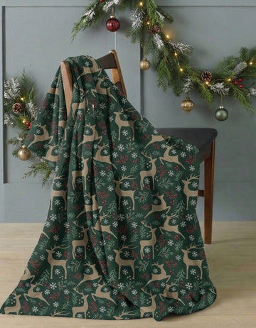 Festive Reindeer Flannel Blanket Throw, 120x150cm, Green
