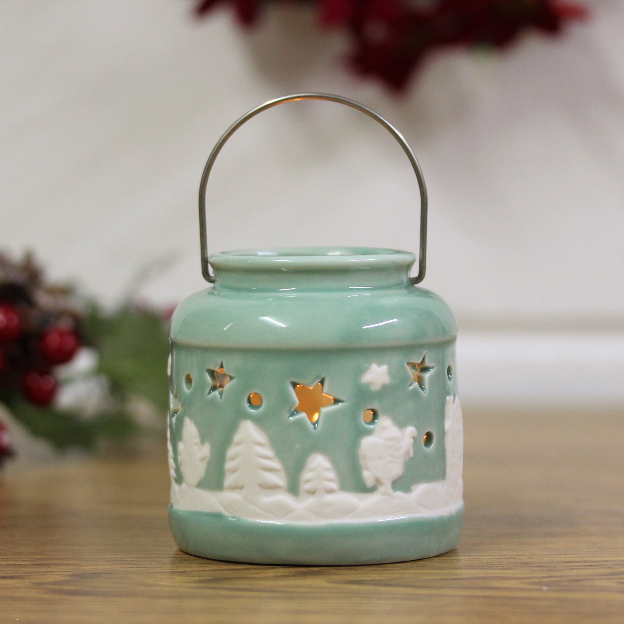 Small Teal Christmas Sage Candle Lantern