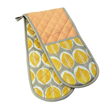 Leaf Double Oven Gloves 100% Cotton, Yellow & Grey