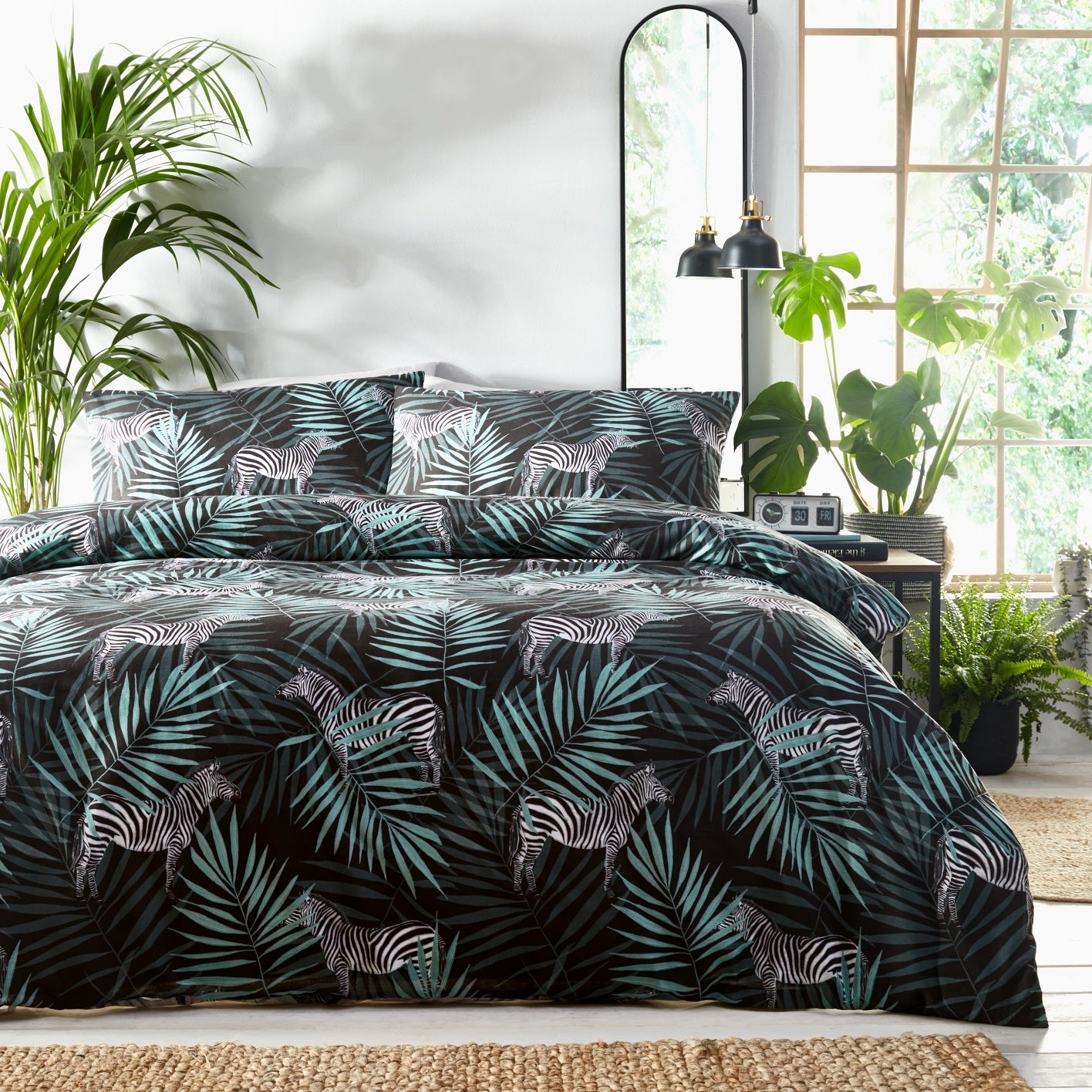 Zebra Print Double Duvet Cover Set - Green, Black and White