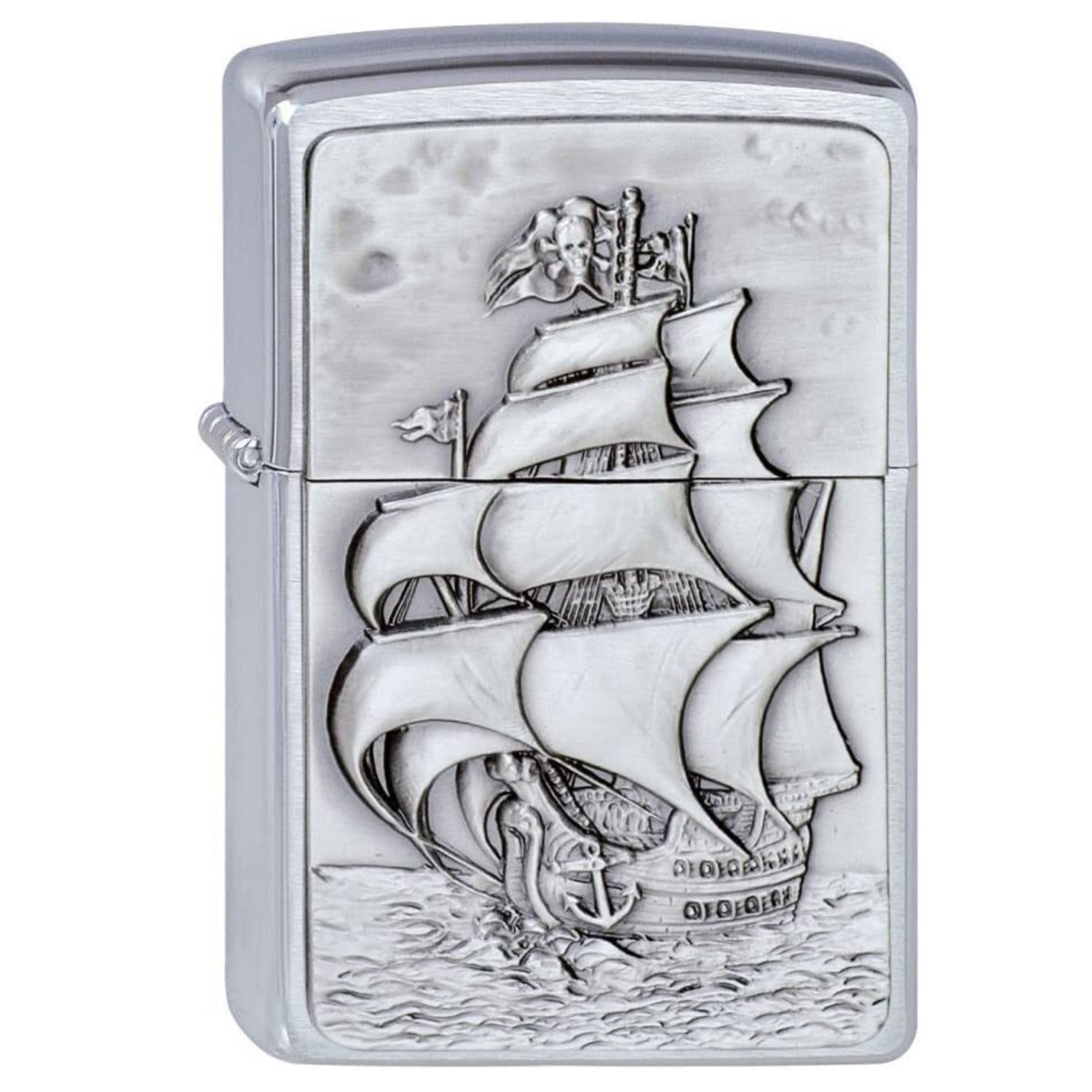 Zippo Lighter Pirate Ship Emblem Brushed Chrome