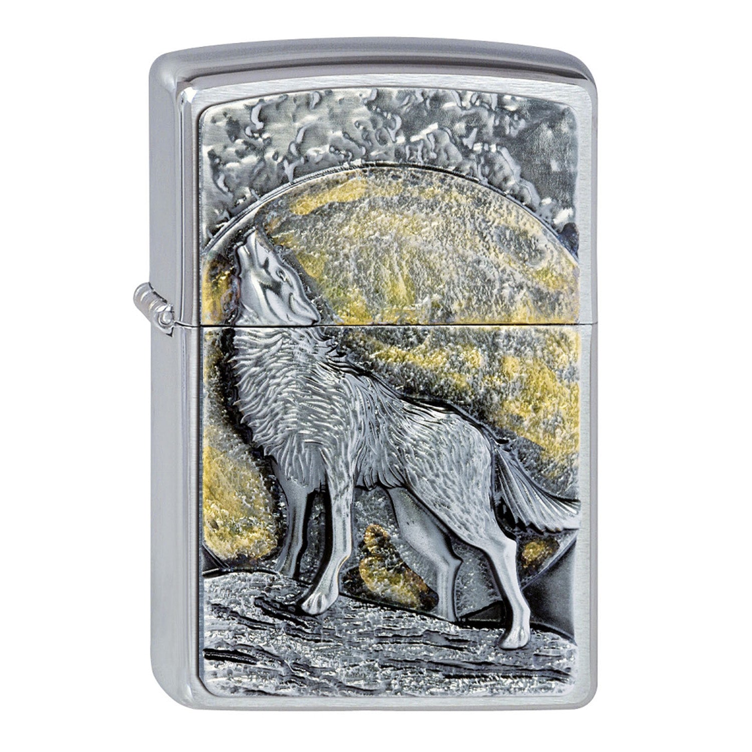 Zippo Lighter Howling Wolf Emblem Brushed Chrome