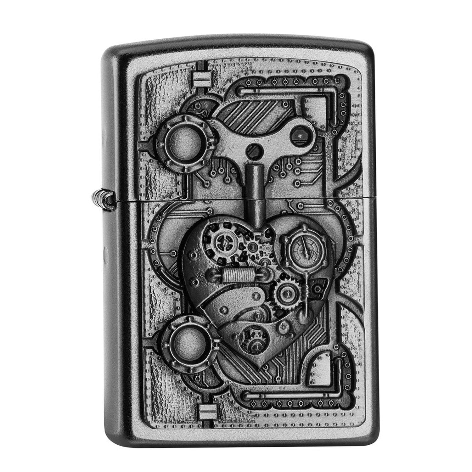 Zippo Satin Chrome Mechanical Heart Emblem Refillable Lighter Gift Box