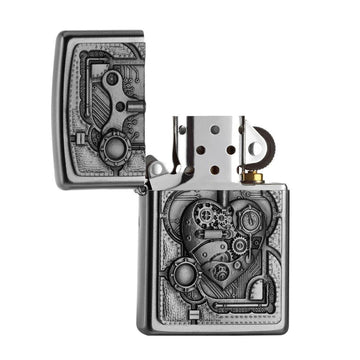 Zippo Satin Chrome Mechanical Heart Emblem Refillable Lighter Gift Box