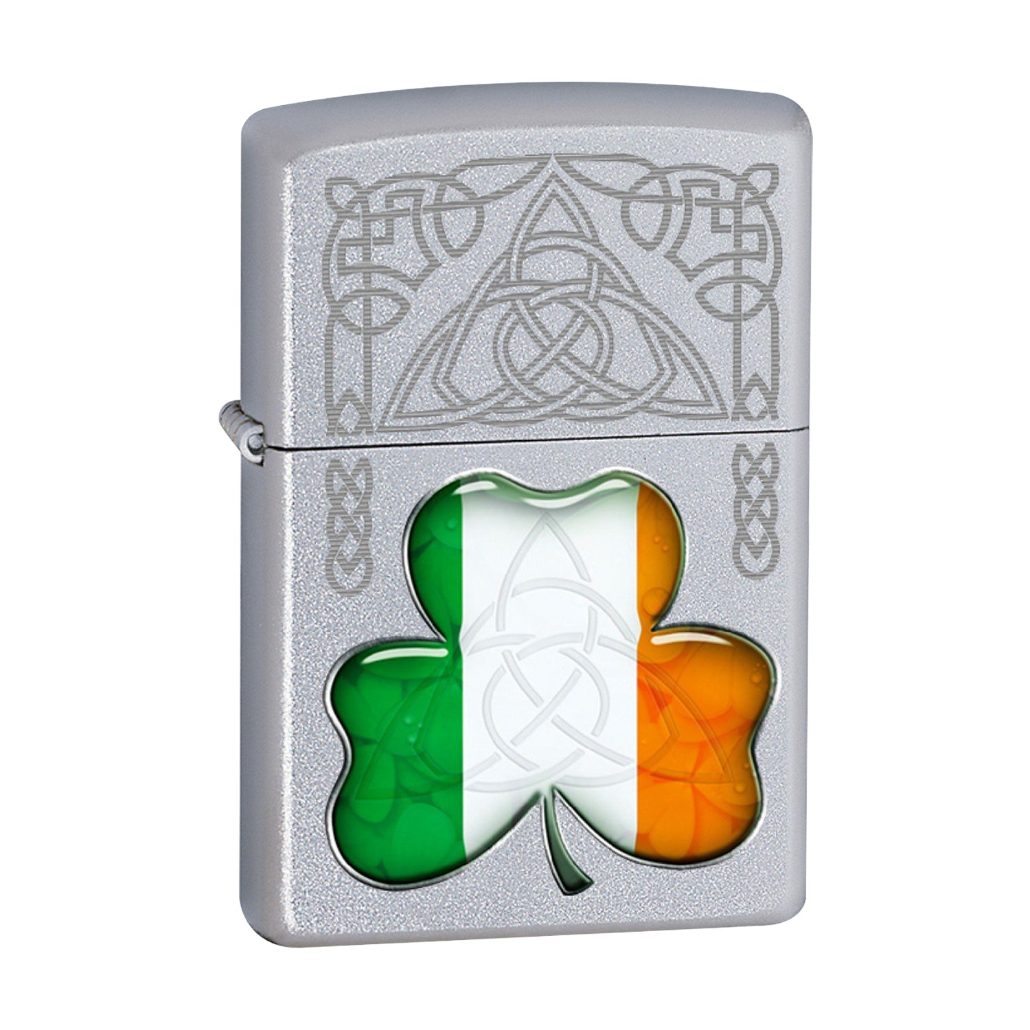 Zippo Satin Chrome Irish Flag Shamrock Lighter