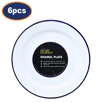 6Pcs 26cm White Finish Blue Rim Enamel Round Plates