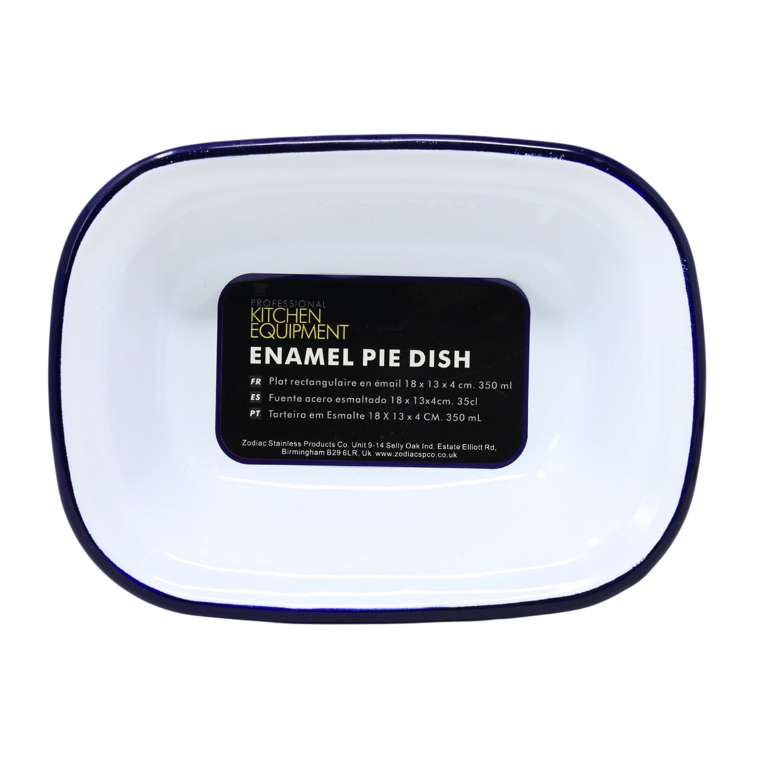 White Finish Blue Rim Enamel Pie Baking Dish