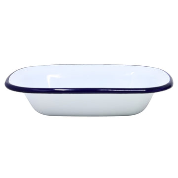 White Finish Blue Rim Enamel Pie Baking Dish