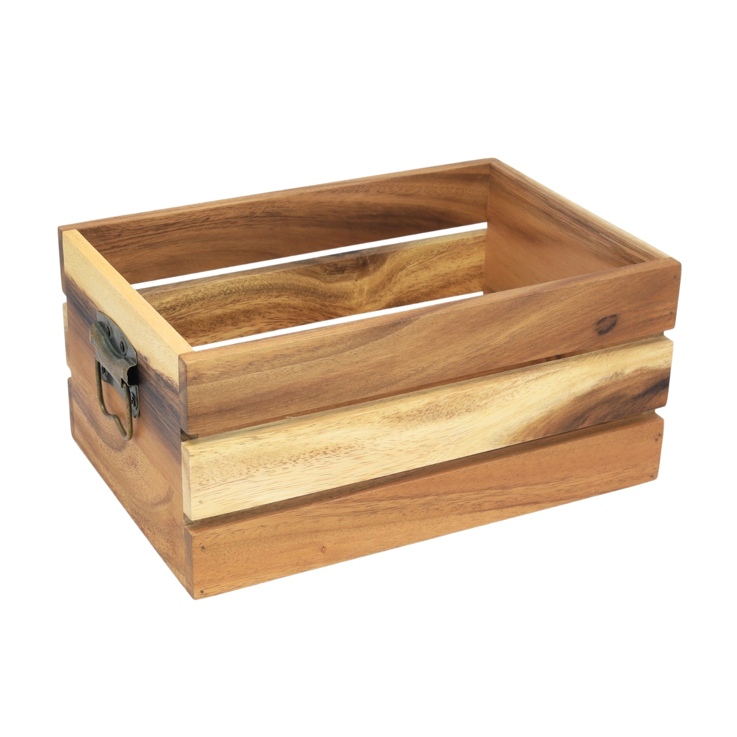 30cm Acacia Wood Crate Storage Bin With Brass Handle