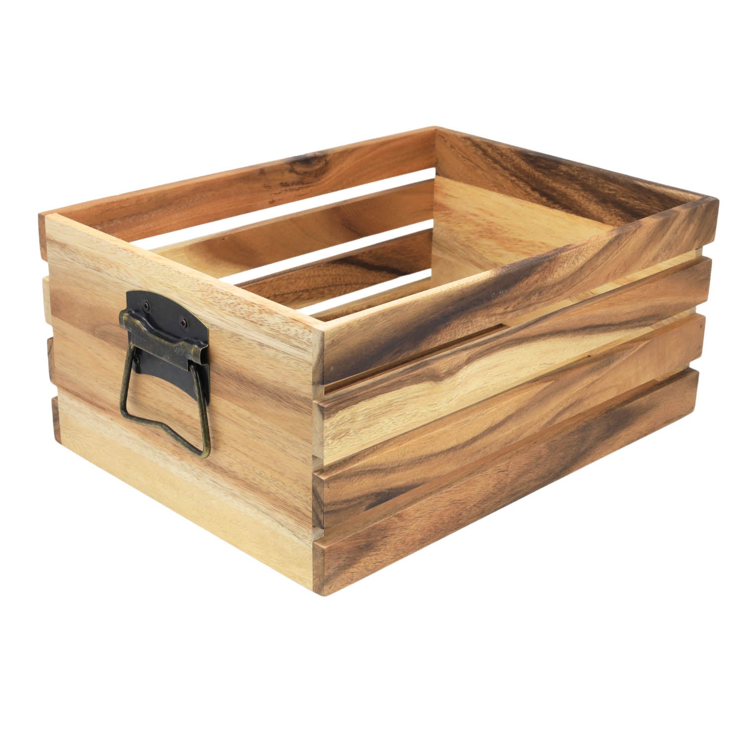 41cm Acacia Wood Crate Storage Bin With Brass Handle