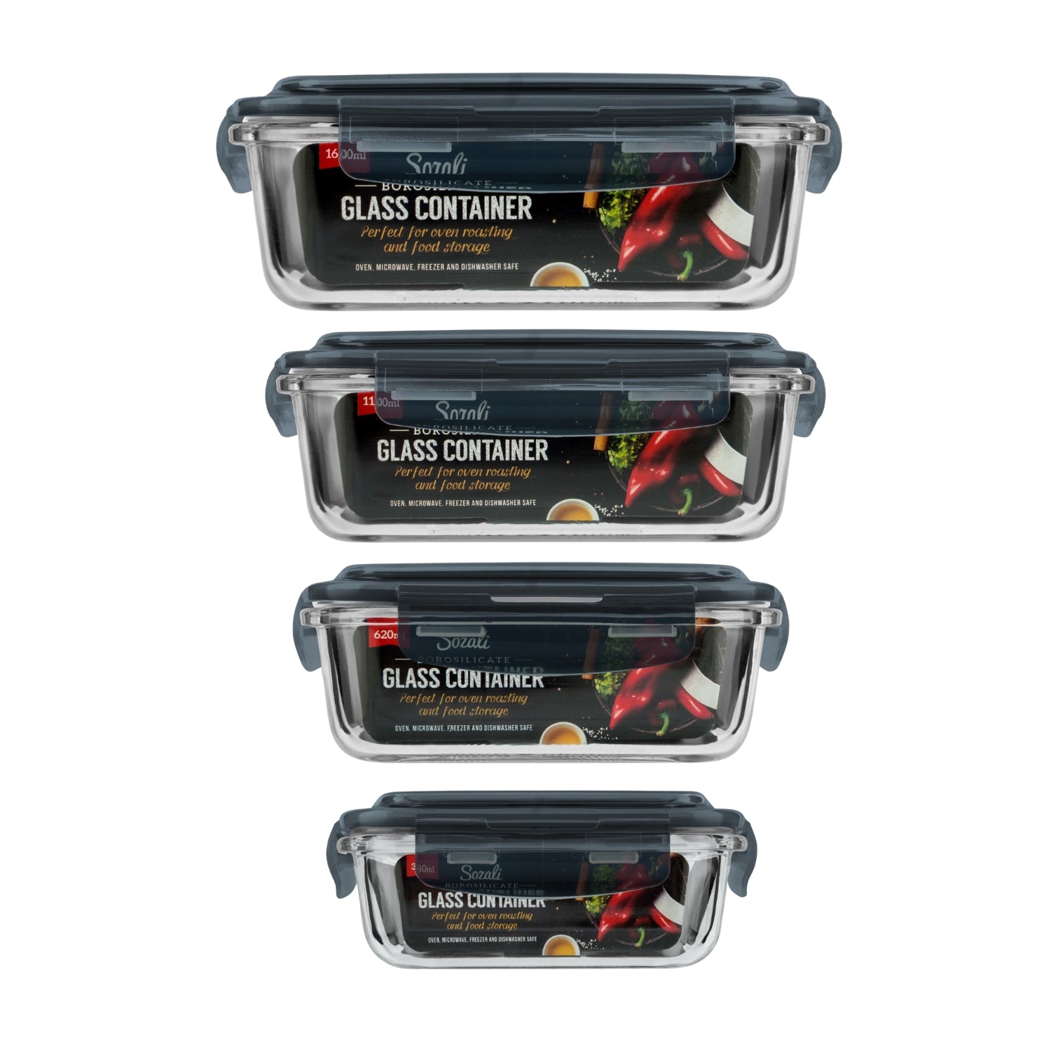 4Pcs 380ml 620ml 1.1L 1.6L Clip Lock Lids Glass Food Storage Containers Set