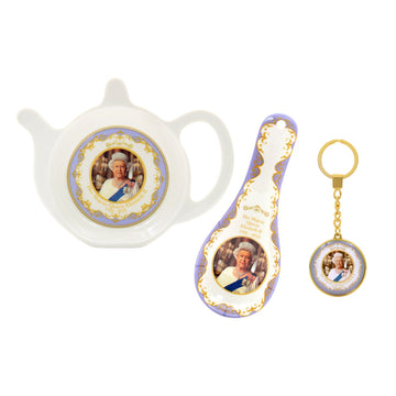 Queen Elizabeth II Tea Bag Tidy Spoon Rest & Keyring Her Majesty Commemorative