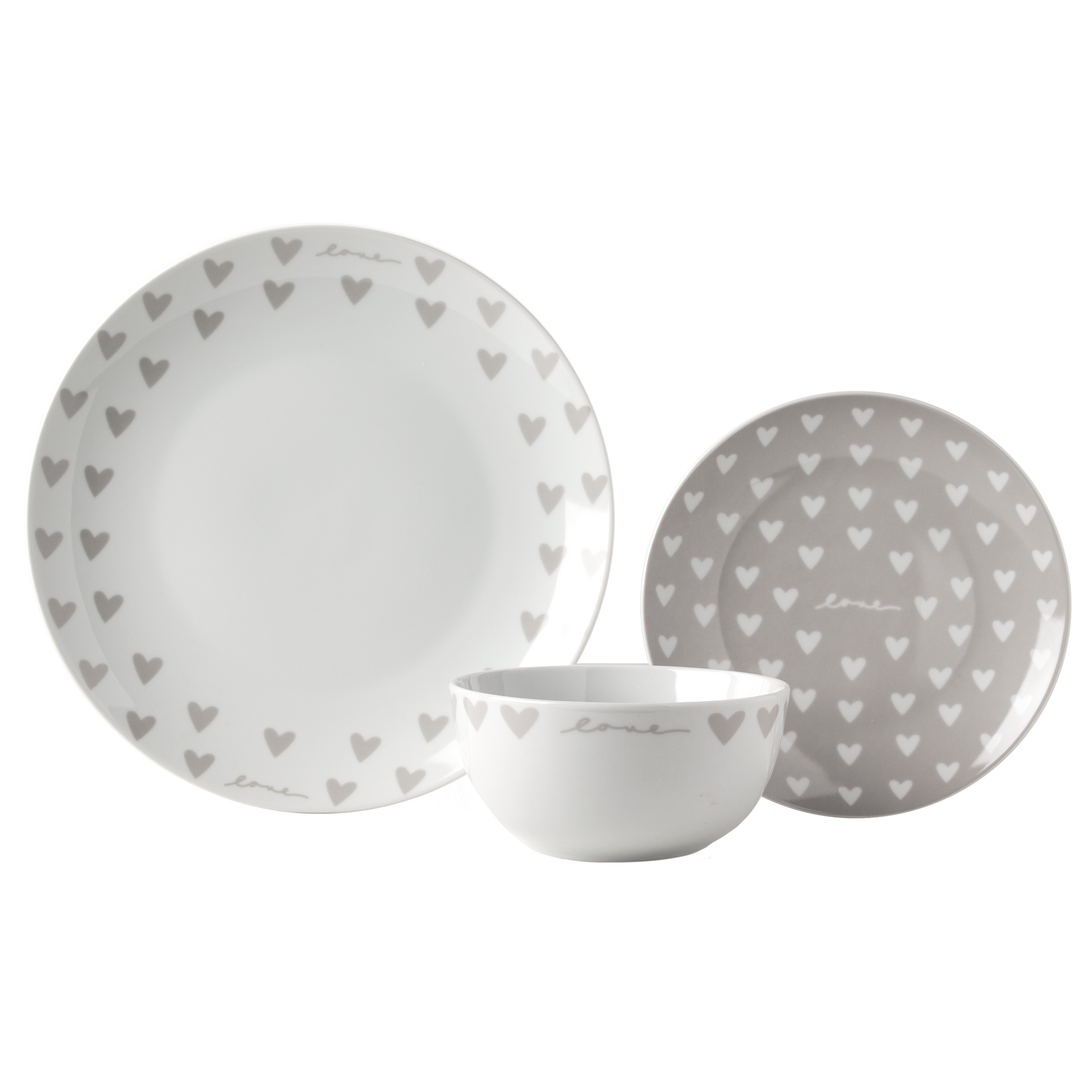 12pc Porcelain White Grey Heart Design Dinner Set