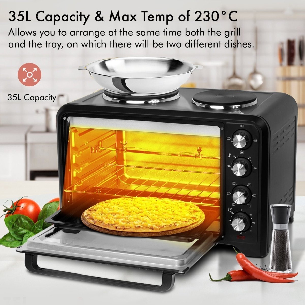 35L Mini 1600W Oven & Grill with Double Hotplate - Bonnypack