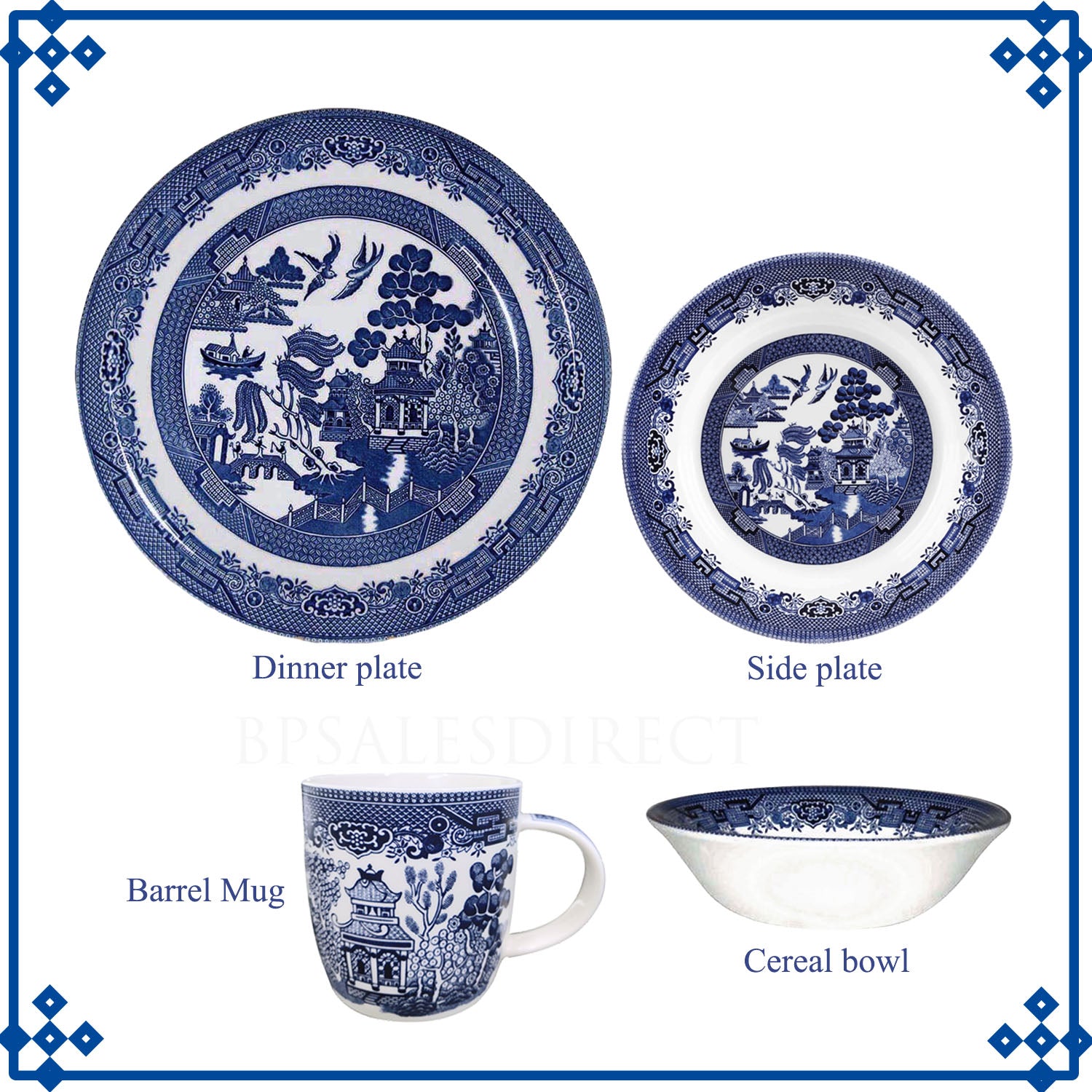 1-Serving Set Ceramic Blue Willow Mug Plate Bowl