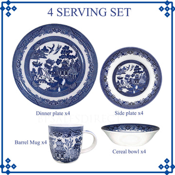 4-Serving Set Ceramic Blue Willow Mug Plate Bowl