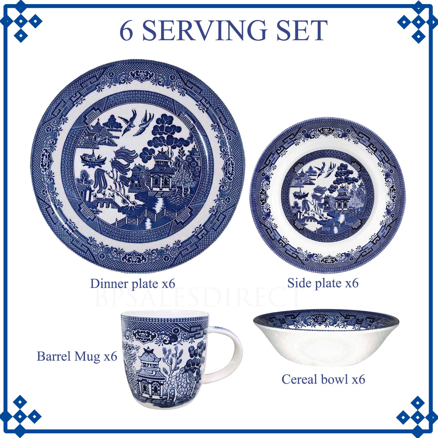 6-Serving Set Ceramic Blue Willow Mug Plate Bowl