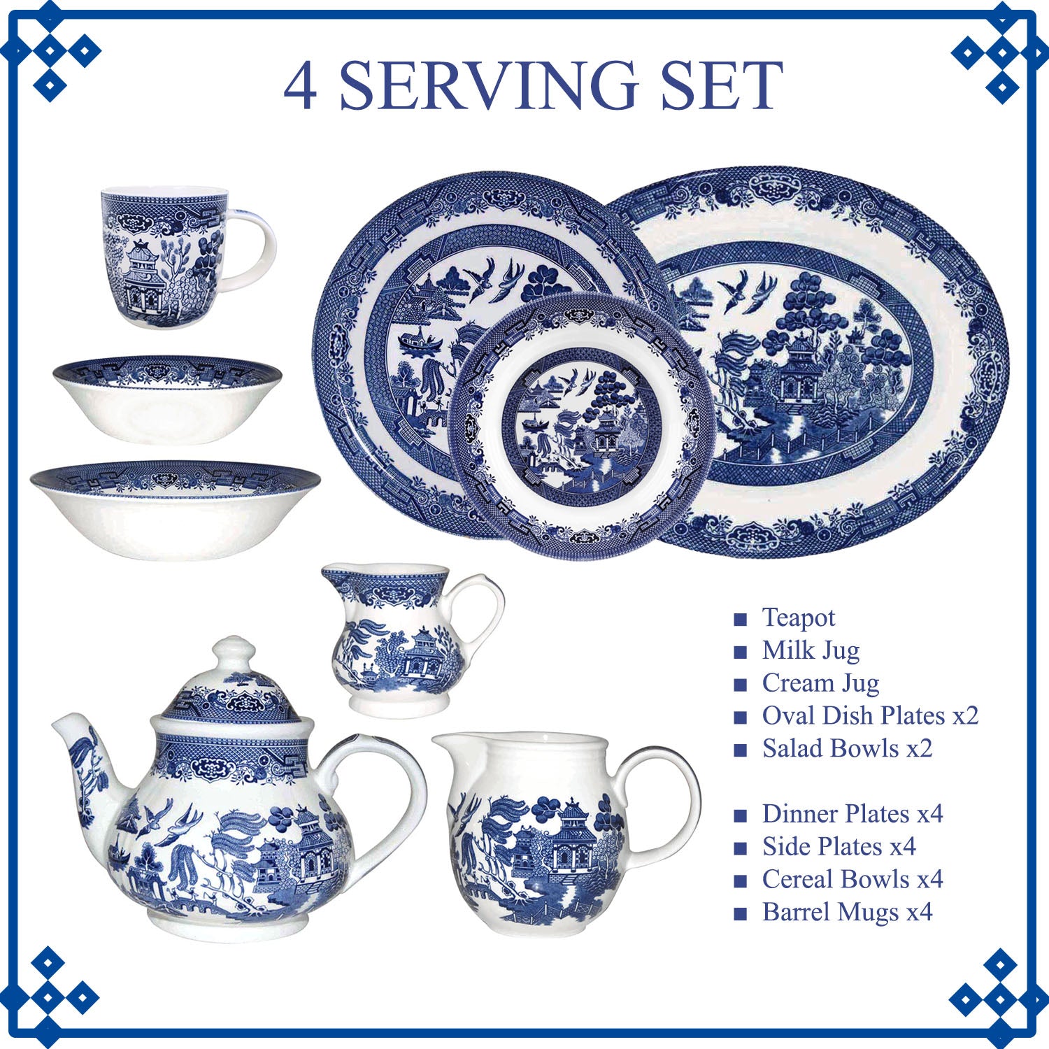 4-Serving Set Ceramic Blue Willow Dinnerware