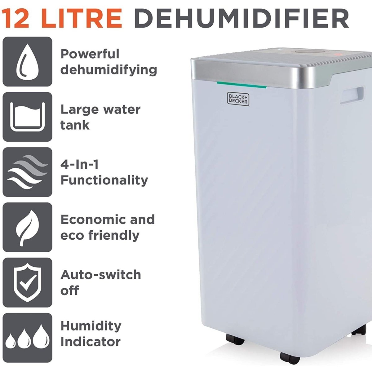 Black & Decker 12 Litre White Dehumidifier with Timer - Bonnypack