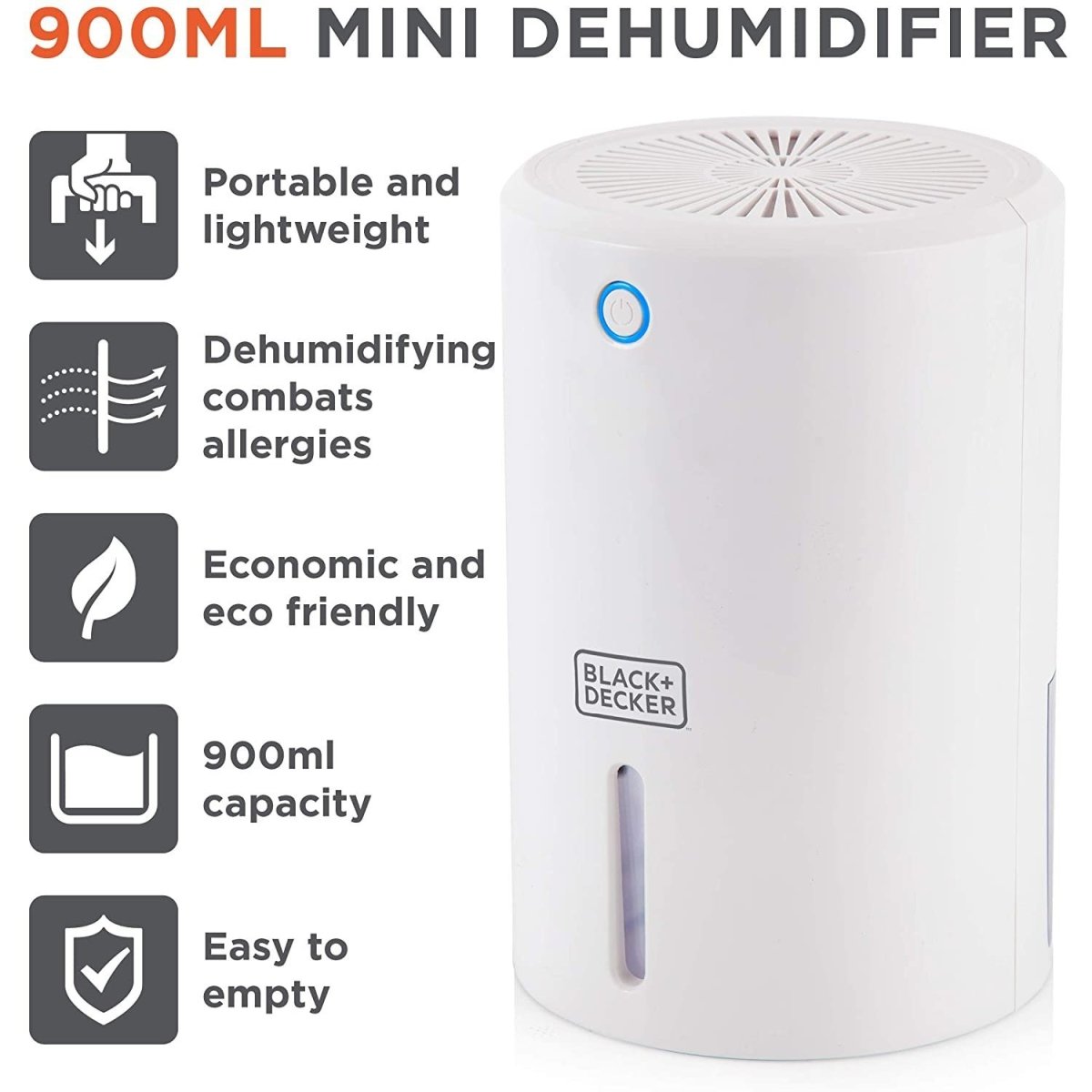 Black & Decker 900ml White Compact Dehumidifier - Bonnypack
