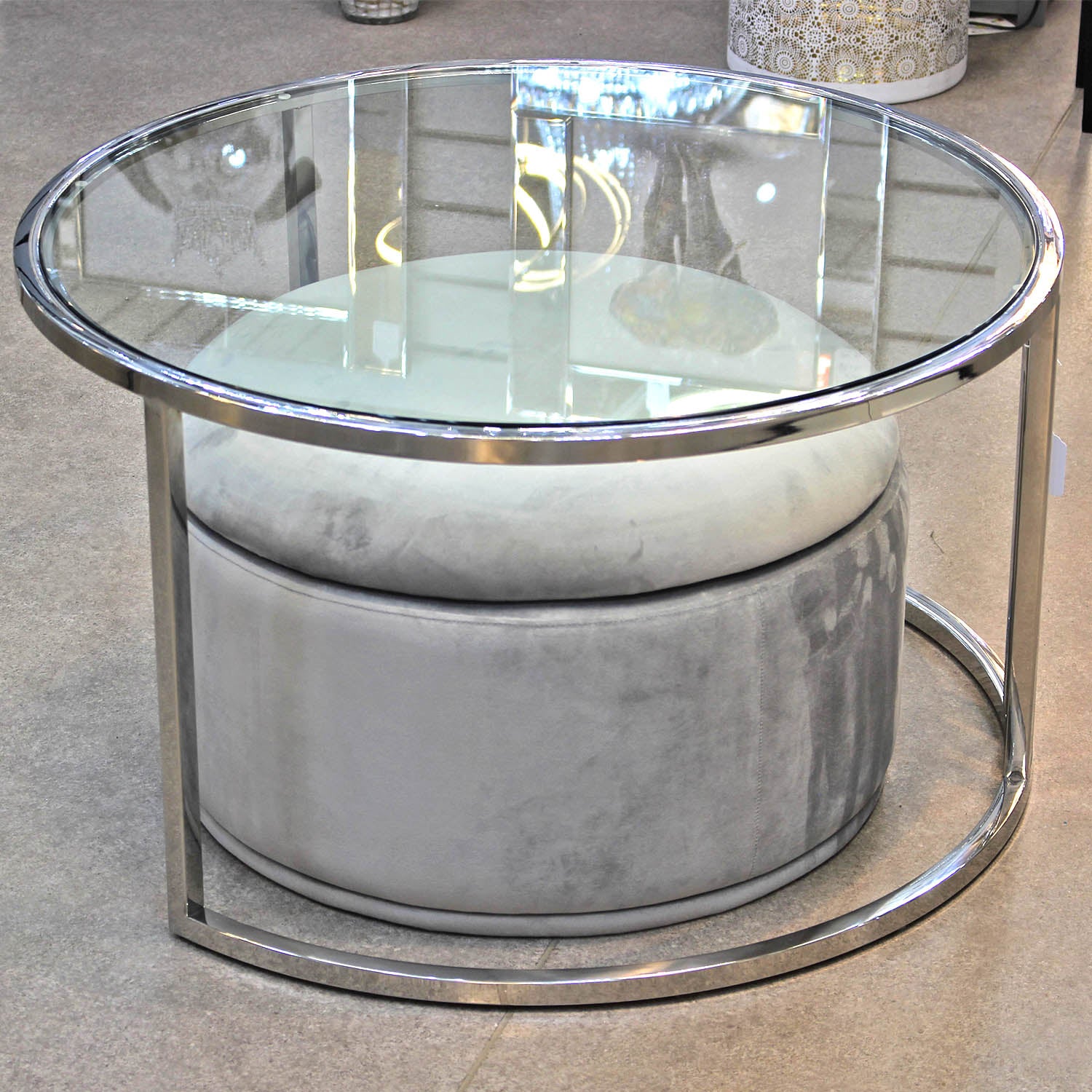 Maya Grey Velvet Ottoman with Silver Frame Coffee Table Set