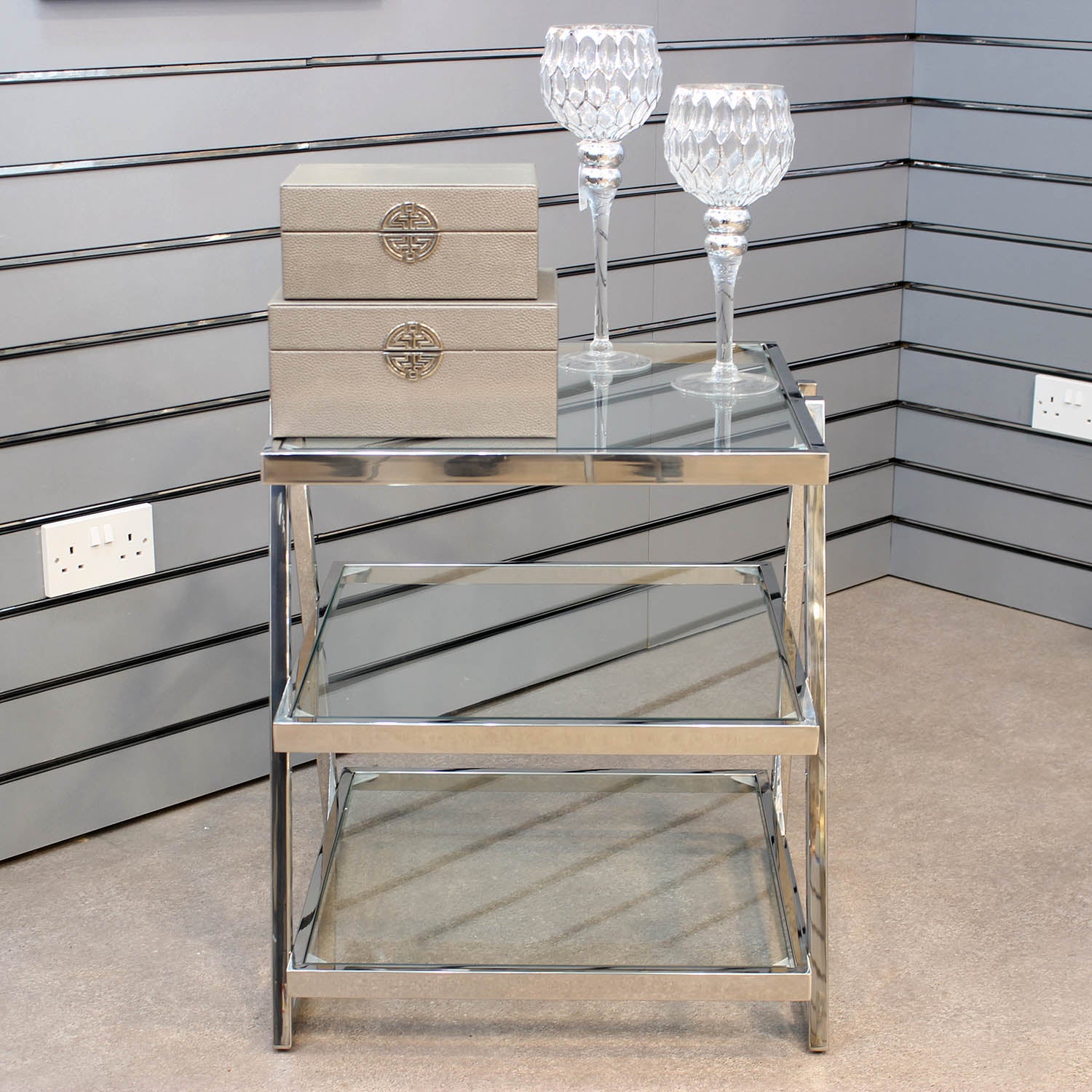 Chrome and Glass 3 Tier Silver End Table