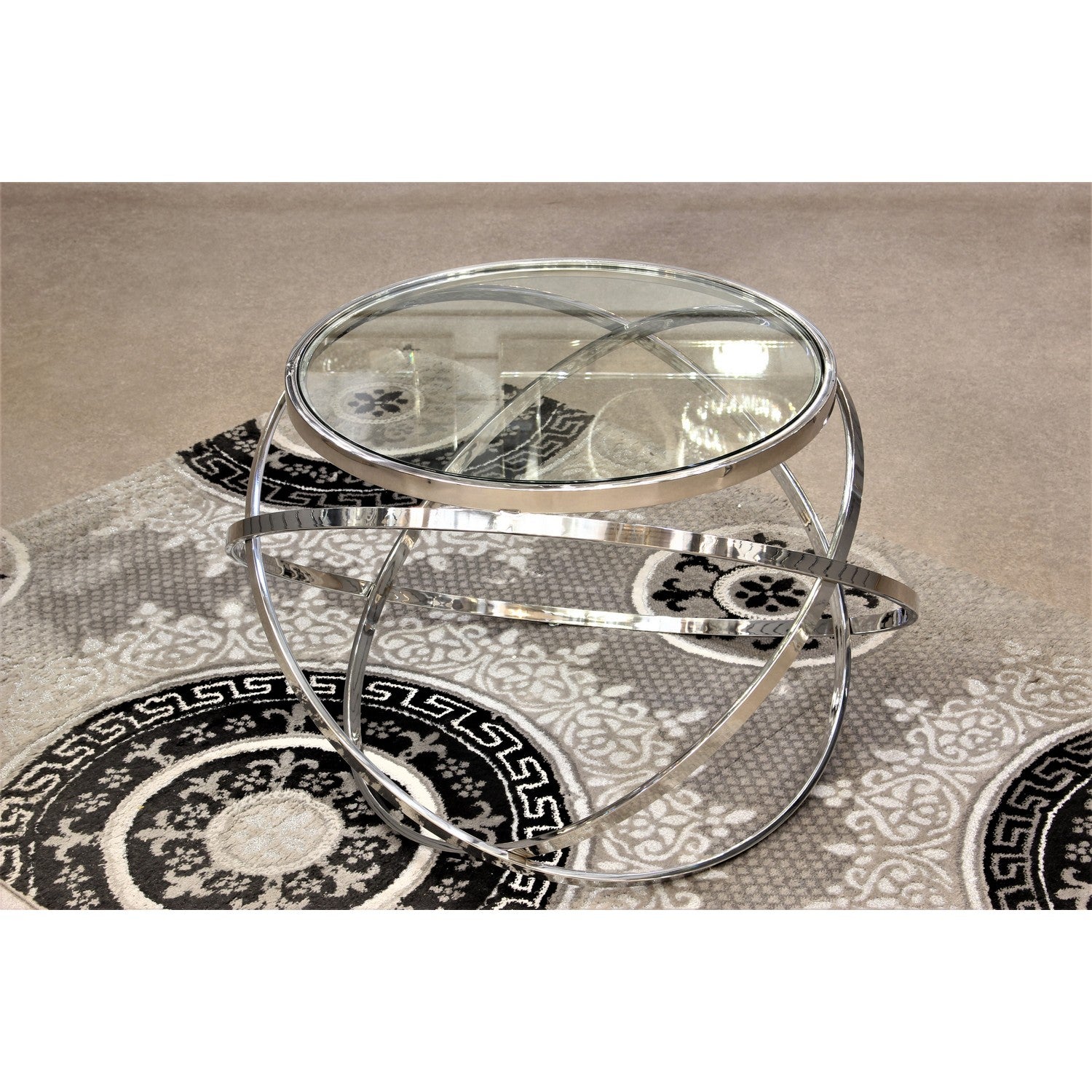 Geo Silver Metal Round Side Table With Clear Glass Top