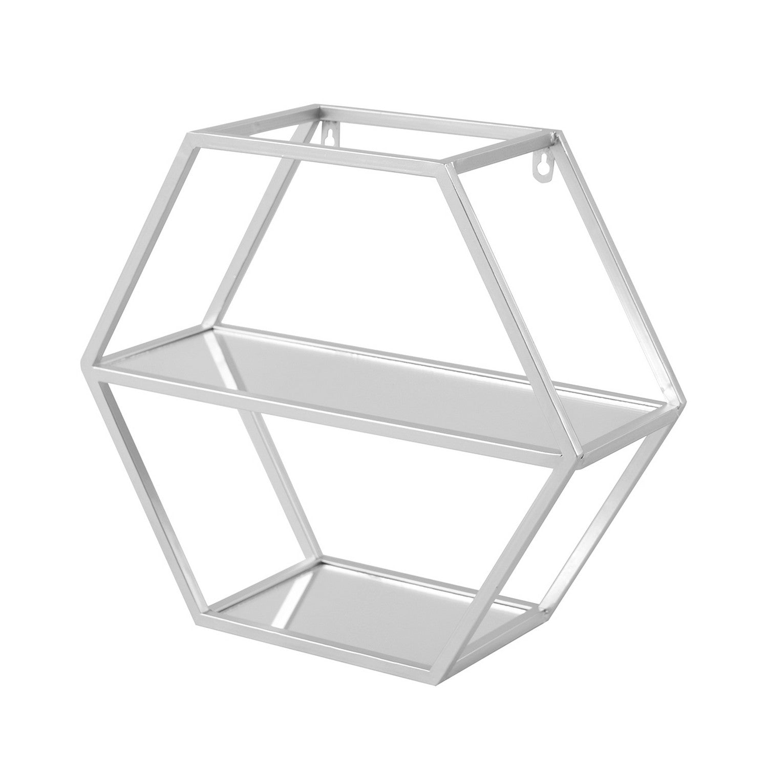 40cm Silver Hexagon Metal Frame Wall Mount with Glass Shelf Display Shelves