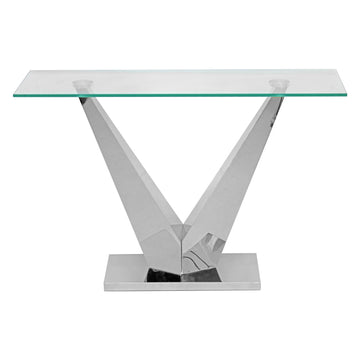 V Range Stainless Steel Console Table With Clear Glass Top