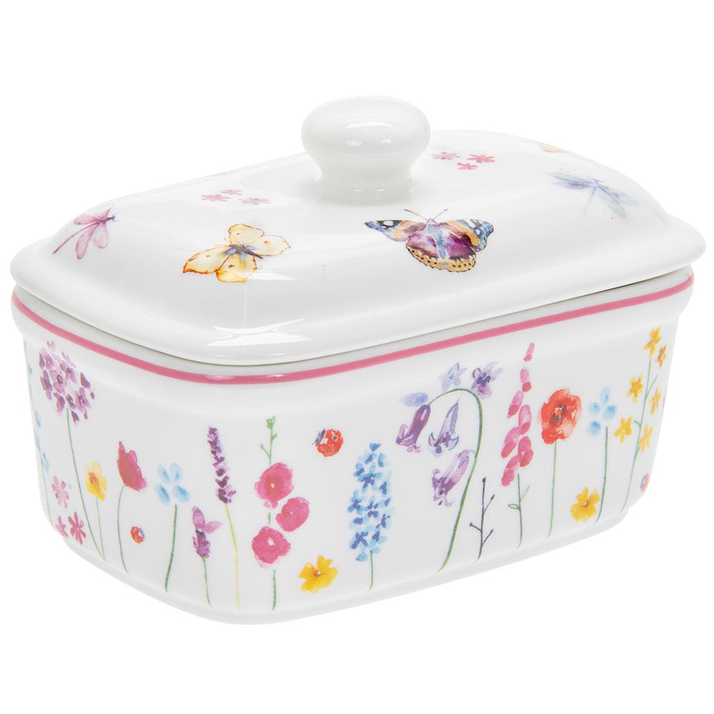 Butterfly Garden Pink Floral Ceramic Butter Dish - Bonnypack