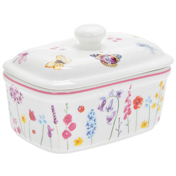 Butterfly Garden Pink Floral Ceramic Butter Dish