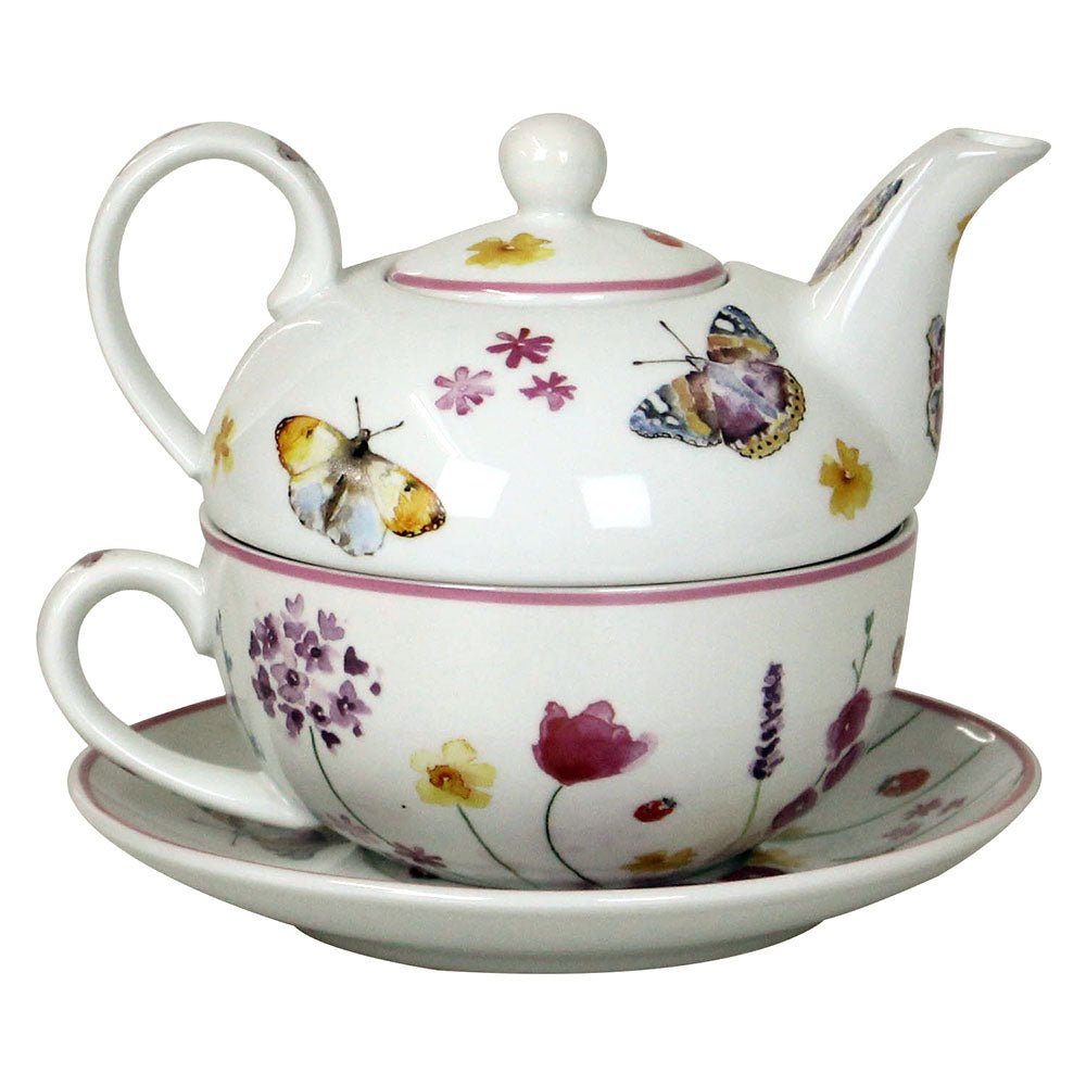 Butterfly Garden Pink Floral Ceramic Tea For One Teapot Set - Bonnypack