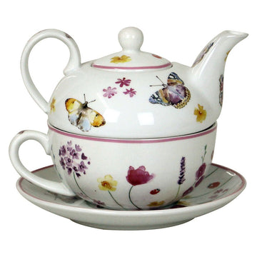 Butterfly Garden Pink Floral Ceramic Tea For One Teapot Set