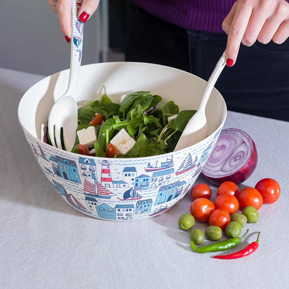 Cambridge Bamboo Large Serving Bowl Plymouth Print - Bonnypack