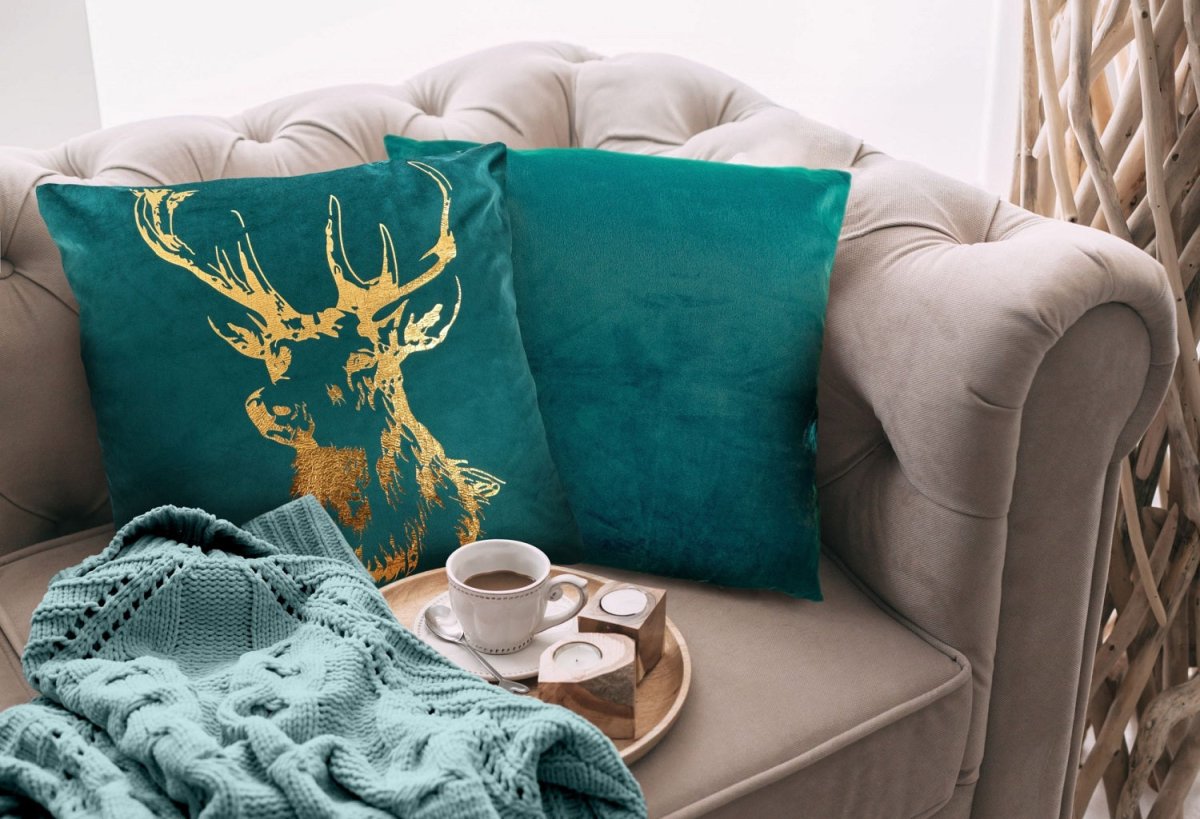 Christmas Stag Velvet Cushion Cover 43x43cm - Emerald Green - Bonnypack