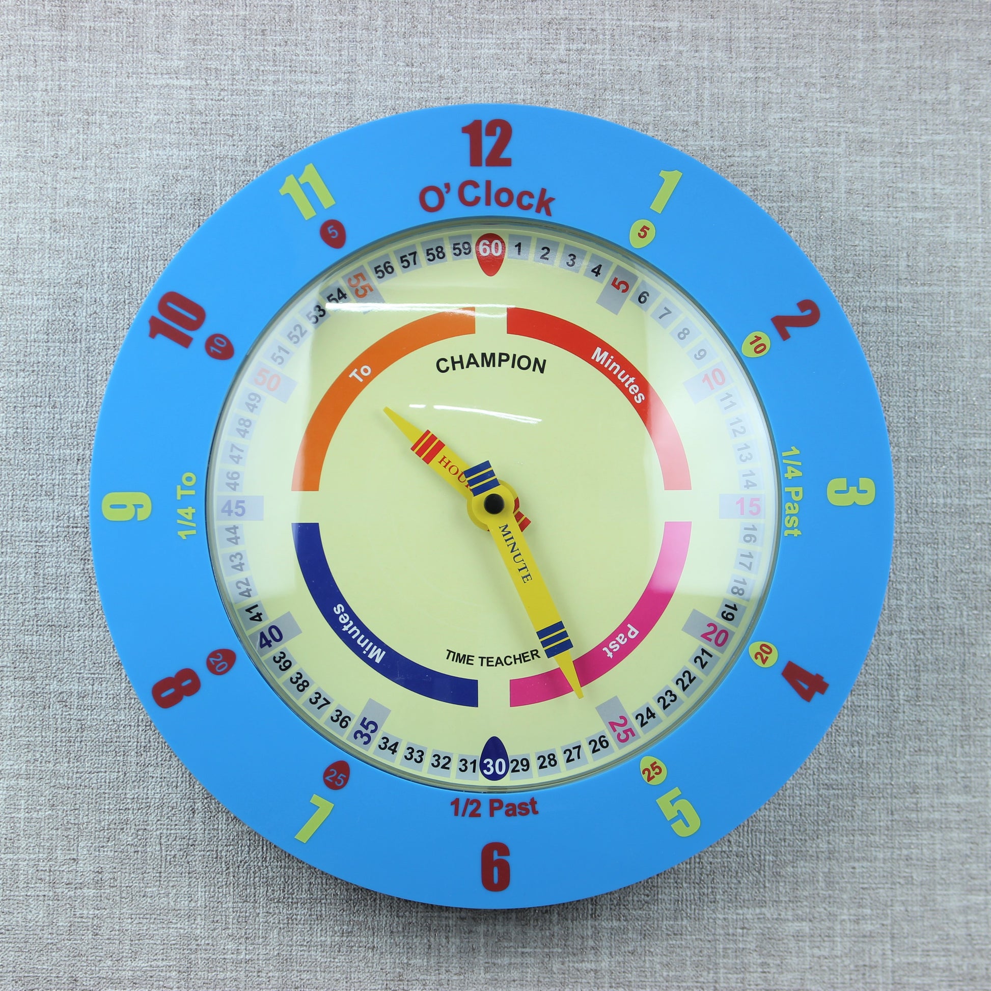 Time Teacher Learn To Tell Time Blue Round Modern Wall Clock