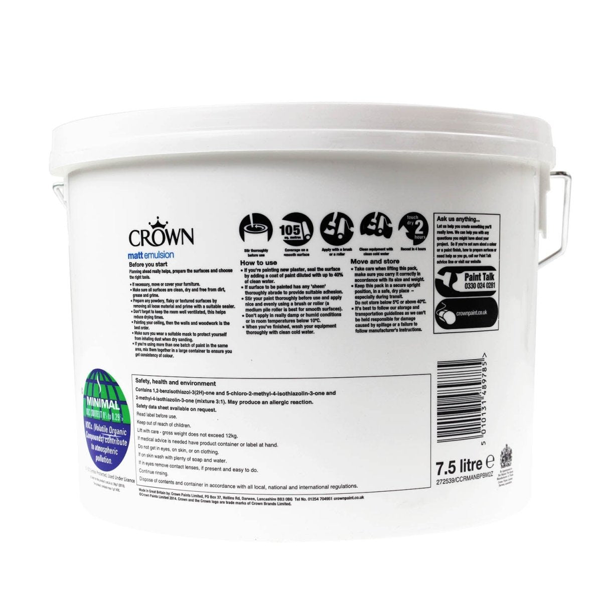 Crown Matt Emulsion Paint - 7.5L Pure Brilliant White - Bonnypack