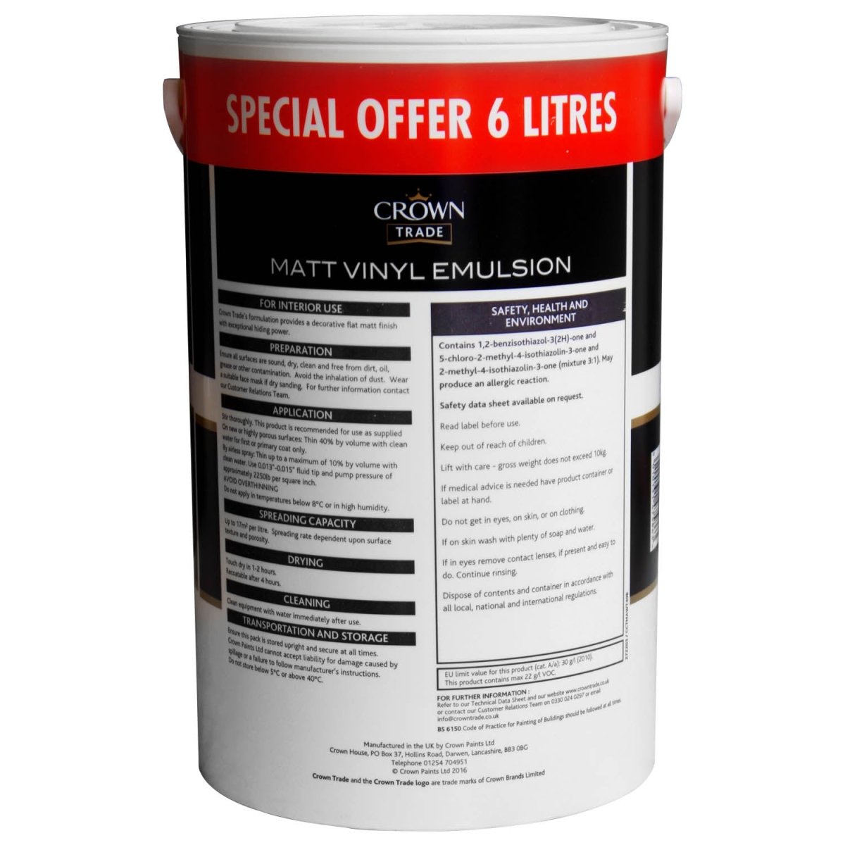 Crown Matt Vinyl Emulsion Walls Ceilings Paint - 6L White - Bonnypack