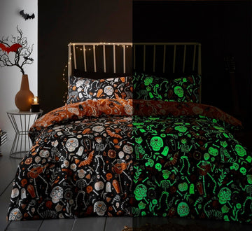 Day Of The Dead Glow In The Dark Halloween Duvet Cover Set, Double