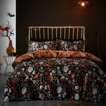 Day Of The Dead Glow In The Dark Halloween Duvet Cover Set, Double