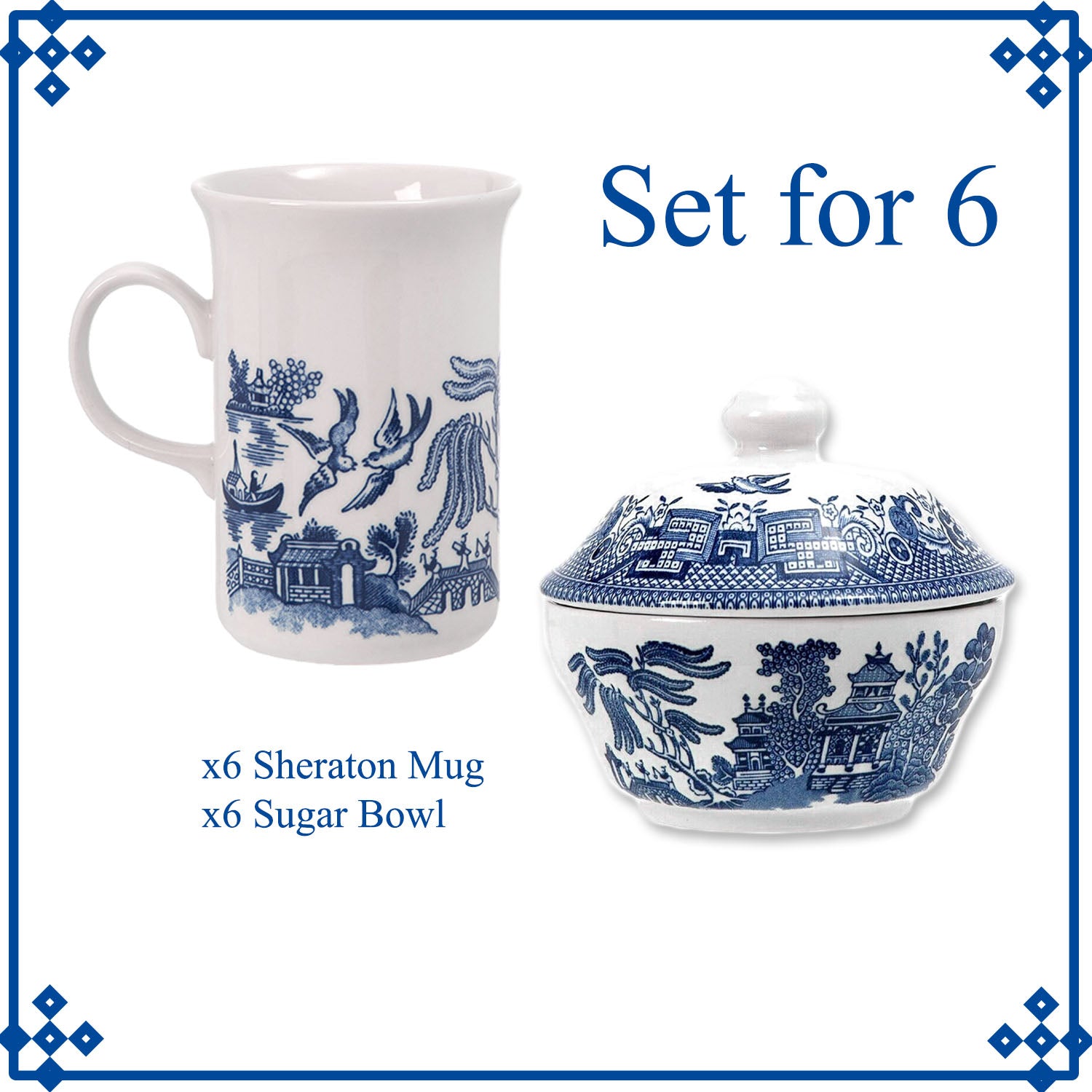 6pcs Willow Blue Sheraton Porcelain Mugs & Sugar Bowl