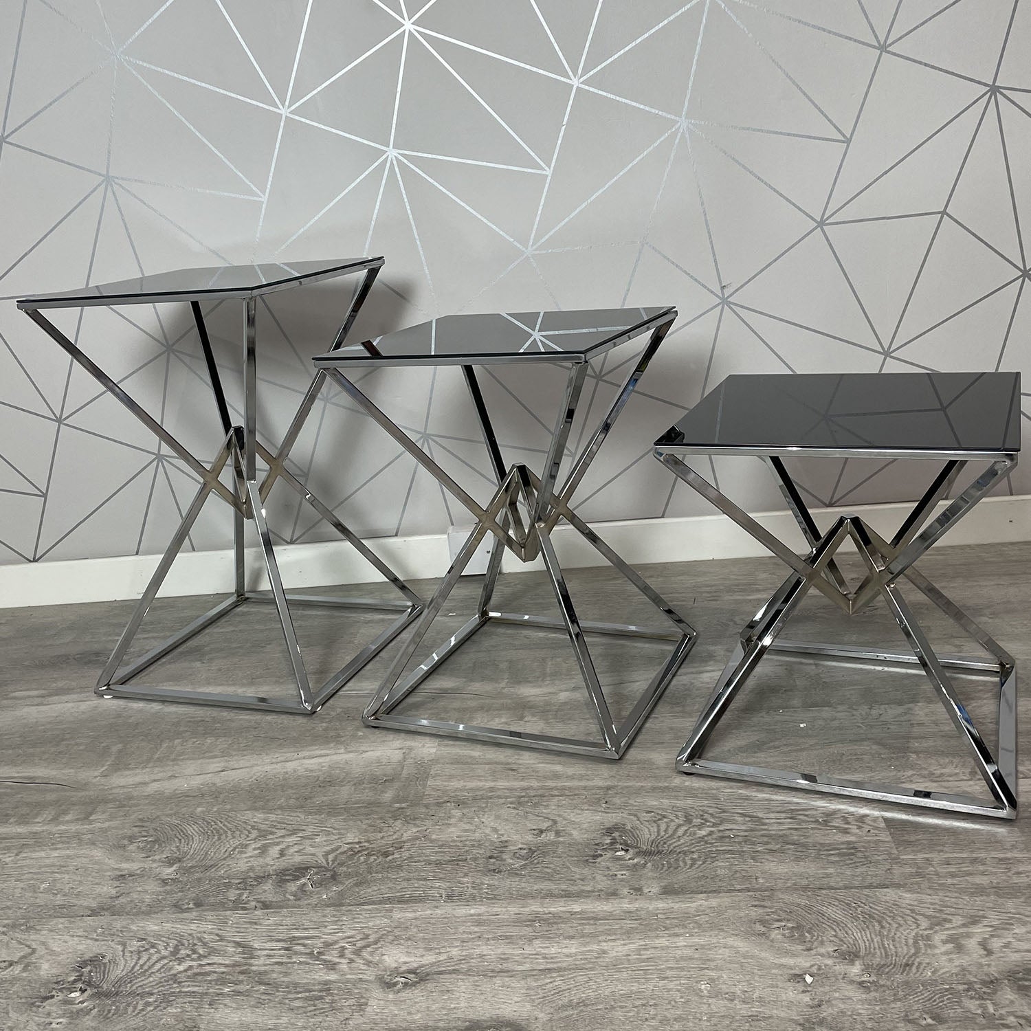 Square Side Tables Valencia 3-Set Steel Chrome Mirror Glass