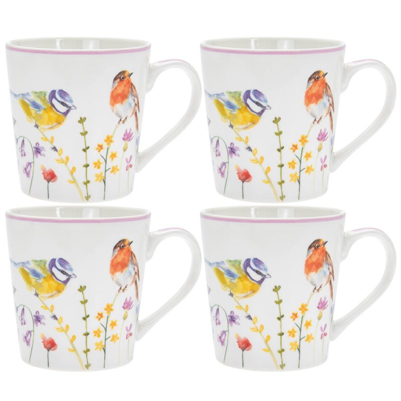 Garden Birds Mugs 4-Set Fine China Watercolour Coffee Cups - Bonnypack
