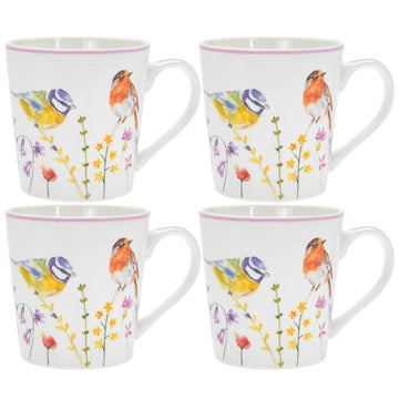 Garden Birds Mugs 4-Set Fine China Watercolour Coffee Cups - Bonnypack