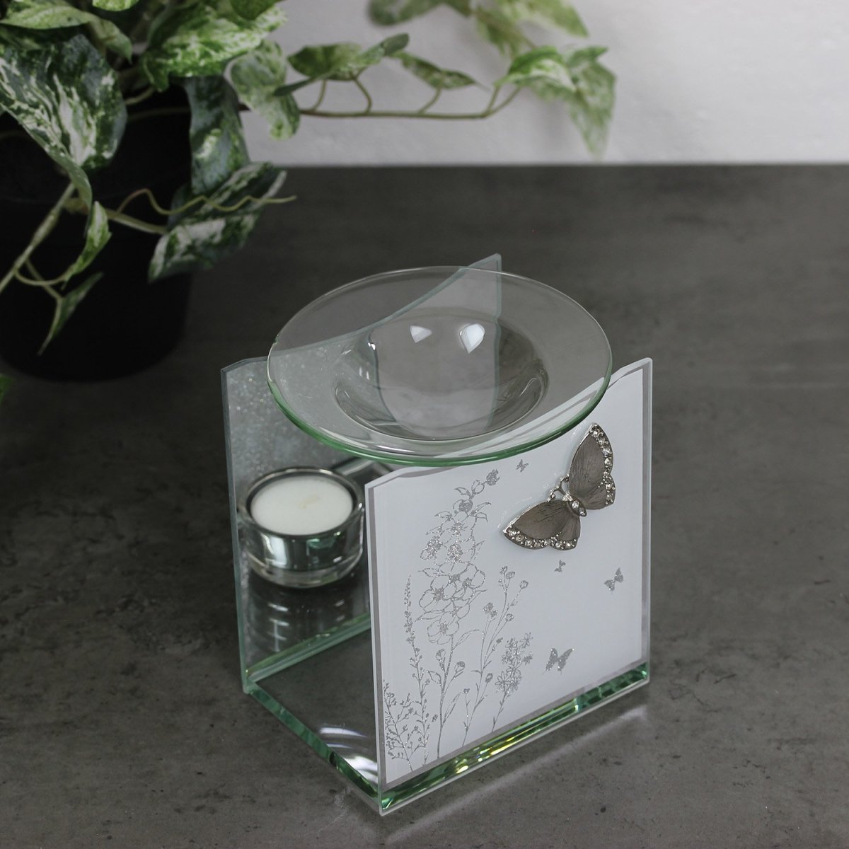 Glass Mirror Oil Burner Aroma Fragrance Silver Butterfly - Bonnypack